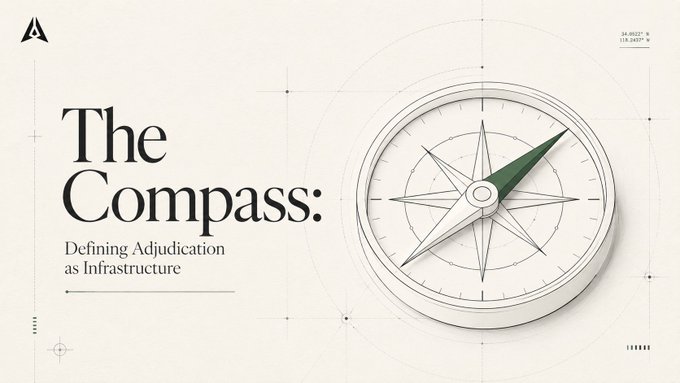 A minimal banner features a green-tipped compass graphic alongside the text "The Compass: Defining Adjudication as Infrastructure," with coordinates "34.0522° N, 118.2437° W" in the corner, visually anchoring the post's theme of navigation and judgment within agentic infrastructure.