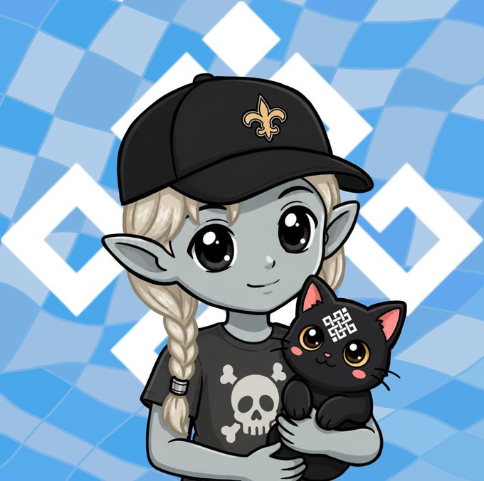 A chibi-style cartoon of an elf-like character with a blonde braid, wearing a black cap and skull t-shirt, holding a black cat with a QR code on its forehead.