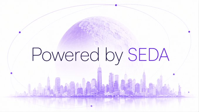 The image features a purple-tinted moon above a city skyline with the text "Powered by SEDA" prominently displayed, accompanied by orbital rings and dots suggesting a global, tech-forward aesthetic. This visual reinforces SEDA's role as the underlying technology powering the 24/7 high-leverage trading platform for equities, commodities, ETFs, and crypto mentioned in the post.