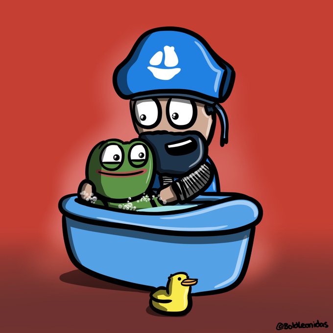 A cartoon robber in a blue cap with a smiley face logo relaxes in a bathtub alongside a cheerful green Pepe frog, with a yellow rubber duck floating nearby and "@BobLeonidas" signed in the corner—matching the post's milestone of the creator's first on-chain transaction, an NFT mint on OpenSea.