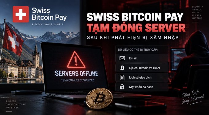 An advertisement for "Swiss Bitcoin Pay" warns that servers are offline due to a hacking incident, showing a laptop with a warning icon and a Bitcoin coin.