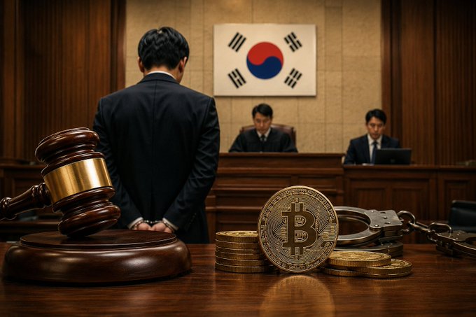 A courtroom scene featuring a person in a dark suit standing with their back to the camera before a bench displaying the South Korean flag, with a gavel, Bitcoin coins, and handcuffs arranged in the foreground.