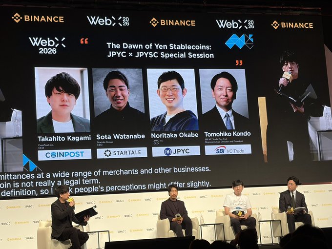 A panel discussion at WebX 2020 hosted by Binance titled 'The Dawn of Yen Stablecoins: JPYC × JPYSC Special Session' featuring Takahito Kagami (CoinPost), Sota Watanabe (Startale), Noritaka Okabe (JPYC), and Tomohiko Kondo (SBI VC Trade).