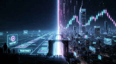 A futuristic cityscape at night with glowing "TESTNET" holographic signs, candlestick trading charts floating in the sky, and a digital crowd silhouetted against a neon skyline. The image visually captures the post's theme, contrasting superficial testnet interactions with the deeper, more strategic approach needed for protocols like @Hertzflow_xyz.