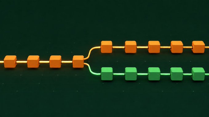 A sequence of connected orange and green blocks branches into two paths against a dark background, visually representing the potential fork or split of the Bitcoin blockchain. The diverging chains illustrate how miners and nodes may separate at a specific block, aligning with the post's discussion of a Bitcoin split at block 961,632.