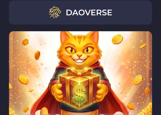 The image features a cartoon cat wearing a red cape with a dollar sign on its chest, holding a golden box that says "DAOVERSE" on it. The background of the image shows gold coins falling from the sky, creating an atmosphere of wealth and prosperity. The caption below the image reads "June has only just begun, but the energy from the community has truly impressed me".
