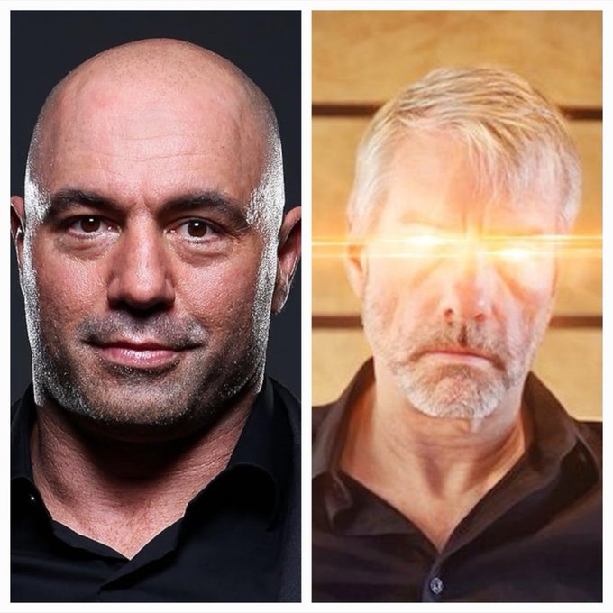 A side-by-side comparison showing a bald, clean-shaven man on the left and an older man with gray hair on the right whose eyes appear to glow with bright yellow light. The image visually represents the social media post suggesting Joe Rogan should interview Michael Saylor about Bitcoin, likely as a humorous "laser eyes" meme referencing the crypto community's signature look used to signal Bitcoin enthusiasm.
