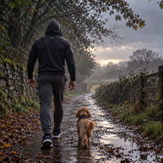 A person in a black hooded tracksuit walks down a wet, leaf-strewn country path alongside a small curly-haired tan dog wearing a harness, with overcast skies overhead.