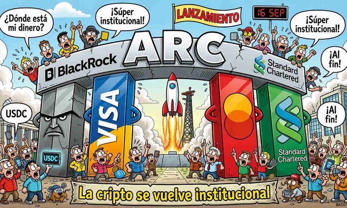 A colorful Spanish-language cartoon celebrating institutional crypto adoption, featuring logos of BlackRock, Visa, Mastercard, Standard Chartered, and USDC, with the text 'ARC LANZAMIENTO 16 SEP' and 'La cripto se vuelve institucional'.