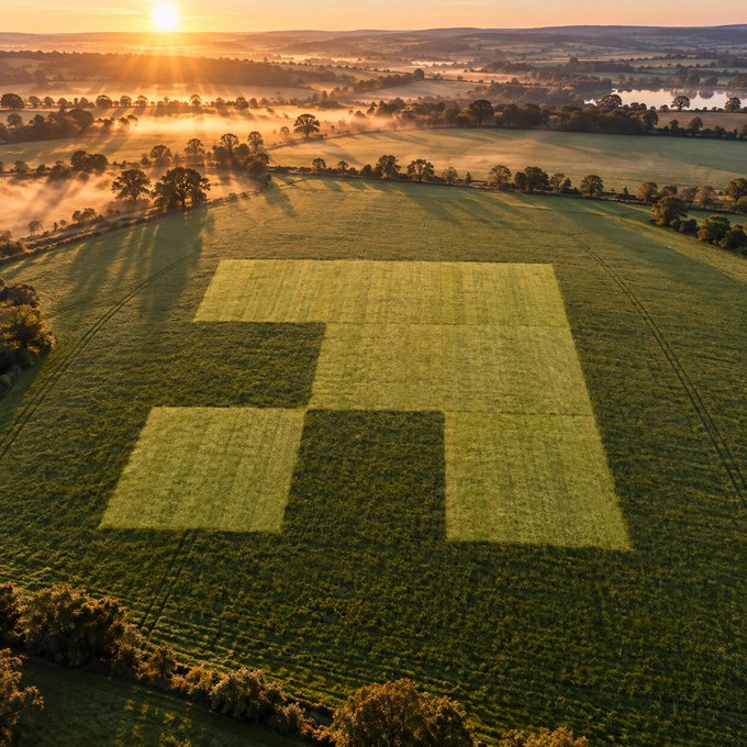 An aerial view of a green field with a checkered pattern of light and dark squares, illuminated by golden sunset light over a misty rural landscape.