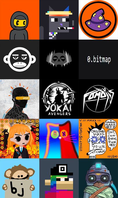 A 4x3 grid of diverse Ordinals NFT artworks featuring characters like a hooded figure, a wolf with a headband, a wizard's hat, a monkey with "bj" text, and a monkey in a hazmat suit, alongside text reading "0.bitmap" and a Yokai Avengers piece. The varied collection of inscribed Bitcoin digital art embodies the "Ordinals are forever" message, showcasing the enduring creative legacy preserved on-chain.