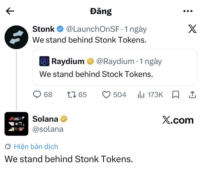 The image shows a X (Twitter) post from "Stonk" (@LaunchOnSF) stating "We stand behind Stonk Tokens," which quotes a post from Raydium (@Raydium) saying "We stand behind Stock Tokens." The post has 68 replies, 65 reposts, 504 likes, and 173K views, and was highlighted by Solana (@solana) with the comment "We stand behind Stonk Tokens," humorously tying into the broader meme about "everything becoming a meme stock" as various crypto chains and platforms (BNB, Solana, Ethereum) take turns backing trending token schemes.