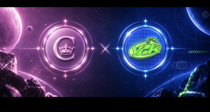A cosmic-themed graphic showing two circular emblems facing off—one pink/purple with a crown logo and one blue with a green 'UGX' emblem—set against a starry space backdrop with planets.