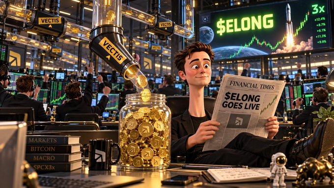 A stylized 3D-rendered image shows a young man reading a 'Financial Times' newspaper headlined '$ELONG GOES LIVE' while a machine fills a jar with Vectis-branded cryptocurrency, with a chart in the corner displaying '+3x +12.4% +8.7% +6.1% +11.3% +2.9%'.