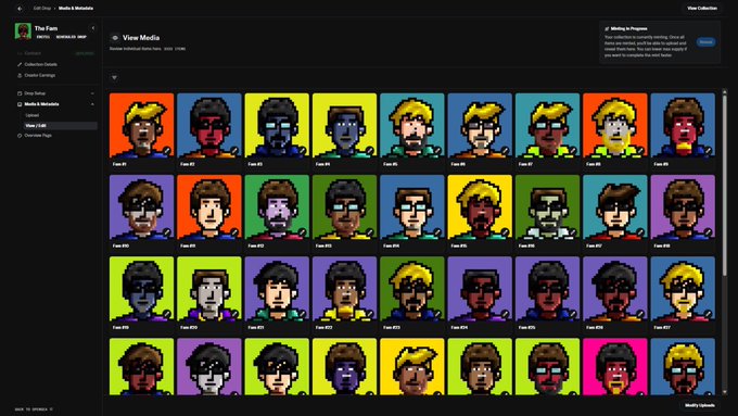 The image shows a grid view of 27 pixel-art character portraits from "The Fam" NFT collection, each labeled "Fam" followed by a number (#0-#27), displayed in a digital media viewing interface. This relates to the post by showcasing a preview of the unique pixelated family character designs that will be available for minting on OpenSea, highlighting the variety of hairstyles, skin tones, and accessories within the collection of 3,333 NFTs.
