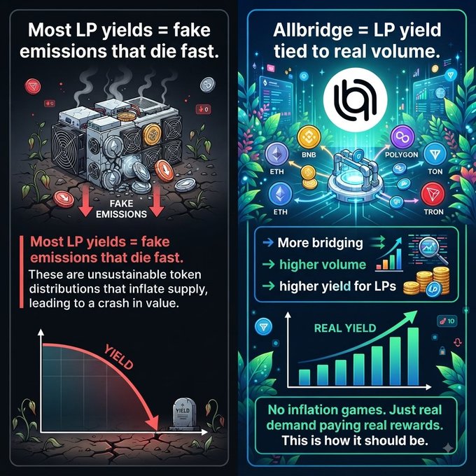 An infographic comparing LP yields, contrasting 'Most LP yields = fake emissions that die fast' with 'Allbridge = LP yield tied to real volume' across chains like BNB, ETH, Polygon, and TON.