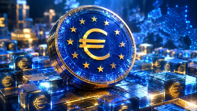 A digital artwork showing a large glowing blue Euro coin with yellow stars, surrounded by stacked translucent cubes featuring the Euro symbol.