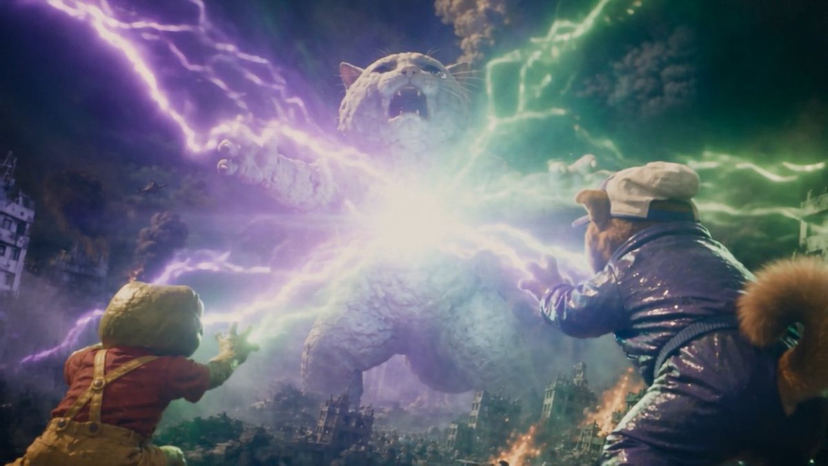 An anime-style illustration depicting a giant cat roaring amid dramatic purple and green lightning, with two characters (one resembling a turtle and another a dog in a cap) facing it amidst a destroyed cityscape.
