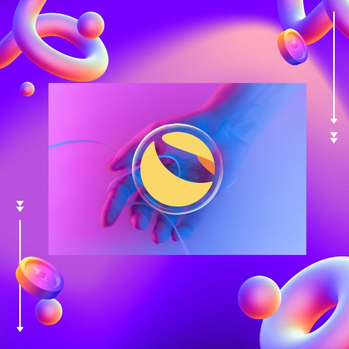 The image features the LUNC logo on a hand against a vibrant, abstract background, visually representing the cryptocurrency mentioned in the accompanying text. The post provides an update on LUNC's price, volume, market cap, and burn progress.