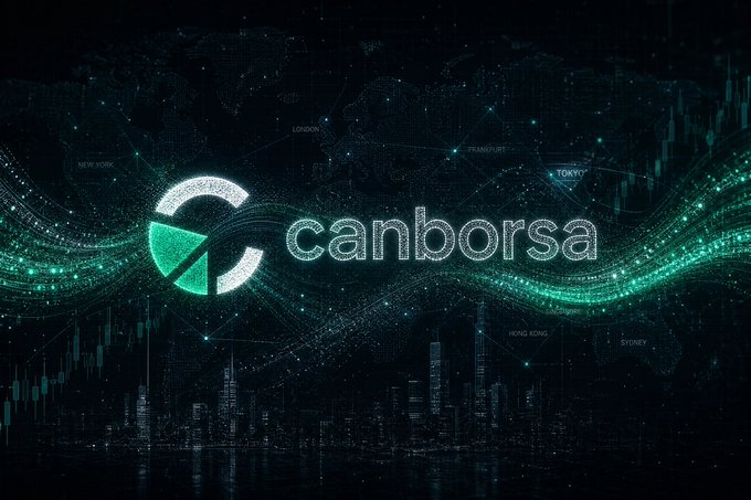 A digital graphic displaying the 'canborsa' logo with a green wave pattern and world city names like NEW YORK, LONDON, FRANKFURT, TOKYO, HONG KONG, and SYDNEY.
