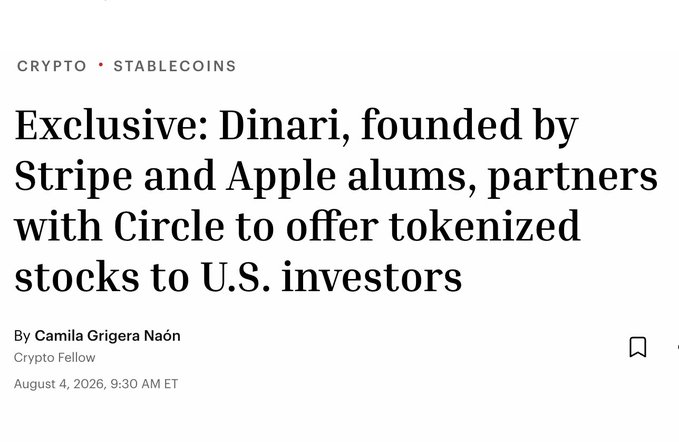 The image shows a news article headline reading "Exclusive: Dinari, founded by Stripe and Apple alums, partners with Circle to offer tokenized stocks to U.S. investors," credited to Camila Grigera Naón of Crypto Fellow, dated August 4, 2026—corroborating the post's announcement of Dinari's partnership with Circle to bring tokenized S&P 500 equities onchain using USDC for American investors.