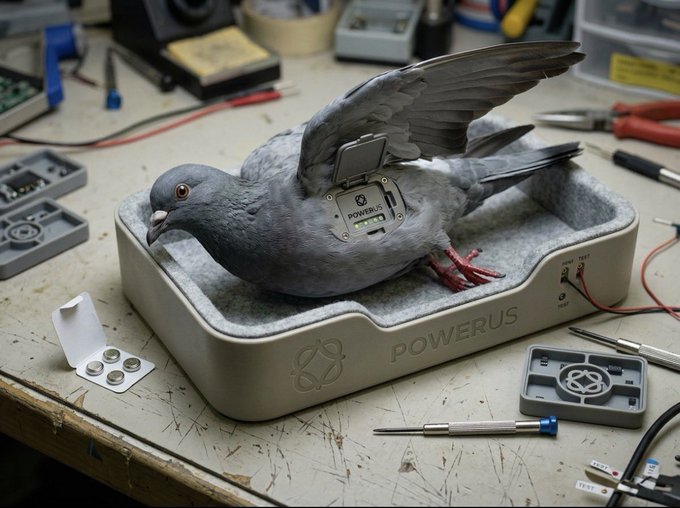 A surreal image of a pigeon with a mechanical device attached to its back, sitting inside a beige container labeled 'POWERUS' on a workbench covered with tools and components.