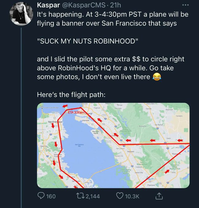 The image shows a plane's flight path over San Francisco, with a banner intended to fly over Robinhood's HQ saying "SUCK MY NUTS ROBINHOOD." The accompanying post, "Lmao bullish AF 0x5de4a4ad3c5d198156a1456e4d1c89d40f7bcd7", likely refers to the cryptocurrency investment context suggested by the hex string and the celebratory tone.