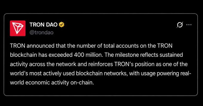 A screenshot of a tweet from TRON DAO (@trondao) announcing that the TRON blockchain has exceeded 400 million total accounts.