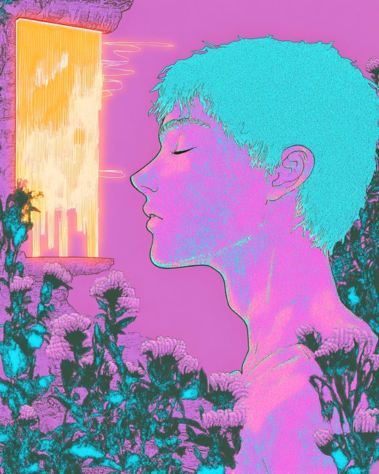 A stylized, high-contrast digital artwork in pink, purple, and cyan shows the side profile of a person with short hair and closed eyes, surrounded by flowers and a glowing rectangular portal in the background.