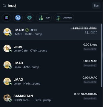 A search interface showing results for 'lmao', displaying token entries including 'LMAOi', 'Lmao Cate', 'LMAO 4Z17', and 'SAMARITAN' with prices of 0.00 and 'Token2022' labels.