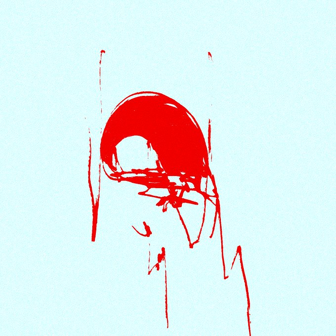 A red brushstroke sketch of a person's head and shoulders appears on a light blue background.