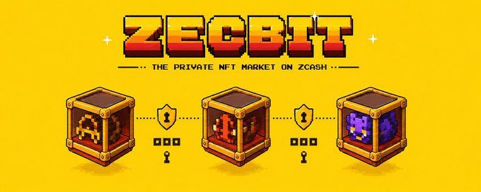 A promotional graphic for "ZECBIT" - The Private NFT Market on Zcash, showing three pixel-art treasure chests on a yellow background.