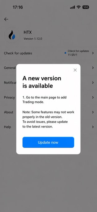 The image shows a cellphone screen displaying an update message for theHTX app. The text displayed indicates that there has been a recent release of a new version of the app available. This could be related to stock trading, as it appears that some features have been added or improved to enhance user experience and provide up-to-date information on various stocks in real time.