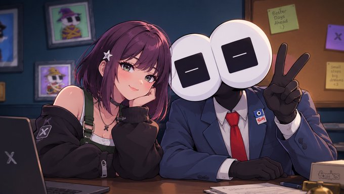 Anime-style illustration of a purple-haired girl and a figure in a blue suit with giant white square eyes making a peace sign, with sticky notes reading 'Better Days Ahead :)' and 'Small steps big dreams <3' on the wall behind them.