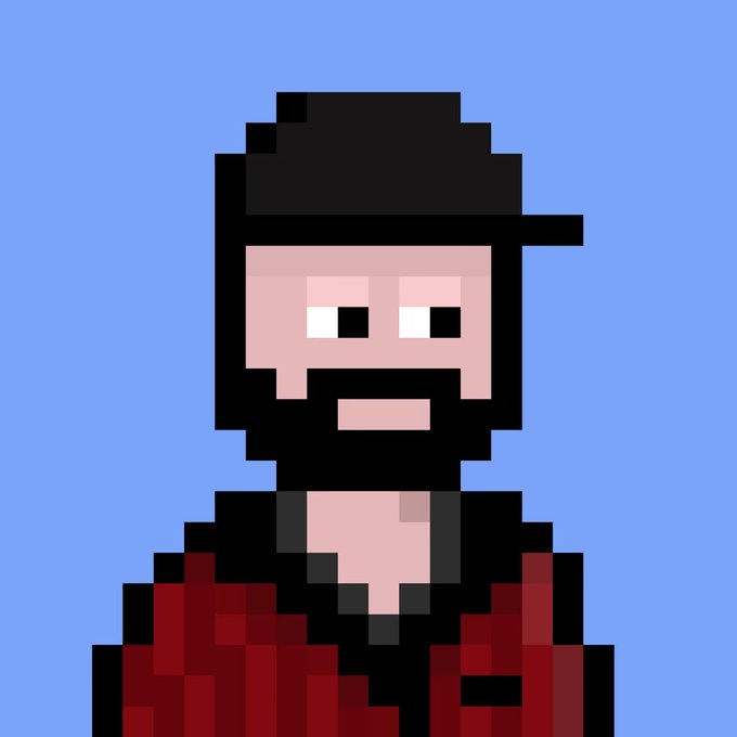 A pixel art portrait of a bearded man wearing a black cap and dark red jacket against a light blue background, presented as an NFT-style digital collectible in support of the "RUN NFT" concept.