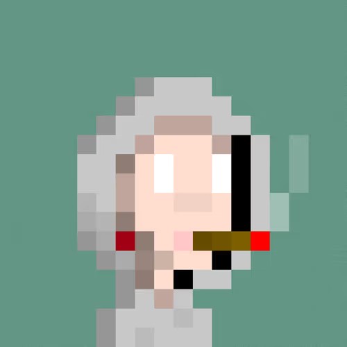 A low-resolution pixel art portrait of a pale character with white hair, blank eyes, red accents on the cheeks, and a brown mouth area, set against a solid teal background.