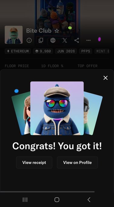 A mobile screenshot showing a successful NFT purchase on Bite Club with a 'Congrats! You got it!' message displaying a blue cartoon character with sunglasses and a flat cap, priced at 9,980 Ethereum with a floor price of MINT E.