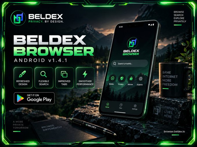 A promotional banner for 'BELDEX BROWSER ANDROID v1.4.1' highlighting features like refreshed design, flexible search, improved tabs, and smoother performance, available on Google Play.