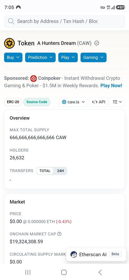 A mobile screenshot of Etherscan displaying token information for 'Token A Hunters Dream (CAW)' with a max supply of 666,666,666,666 and 26,632 holders.
