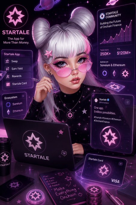 A promotional image for "STARTALE" described as "The App for More Than Money," featuring a stylized anime-style character with white hair and pink glasses surrounded by app interface elements.
