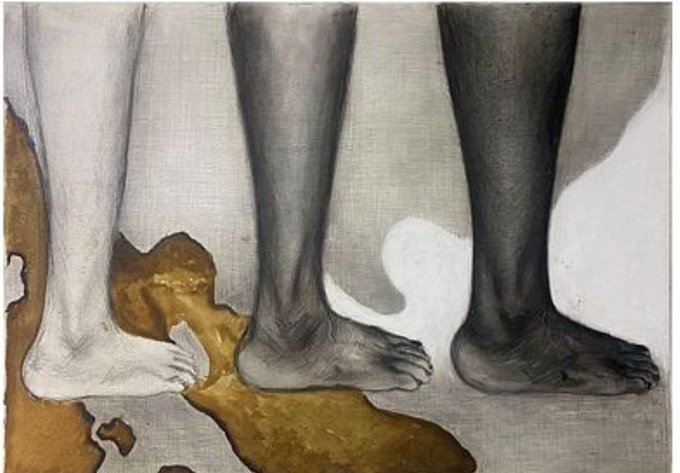 An artwork depicting three pairs of legs and feet from the knees down, rendered in shades of white, gray, and brown on a textured surface.