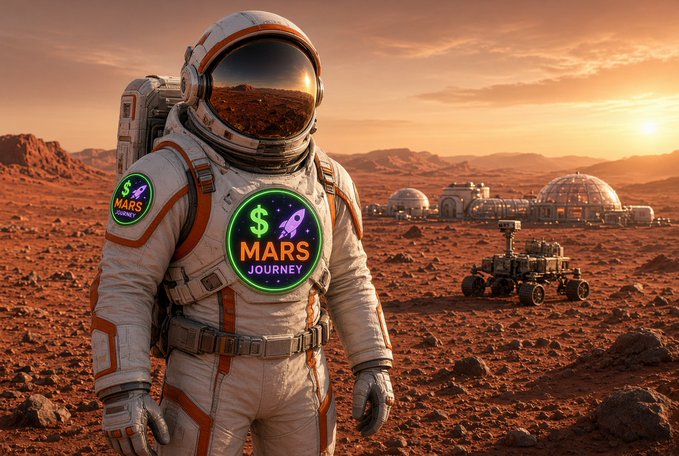 AI-generated image of an astronaut on Mars wearing a spacesuit with a glowing '$ MARS JOURNEY' logo, with a rover and space habitat visible in the background at sunset.