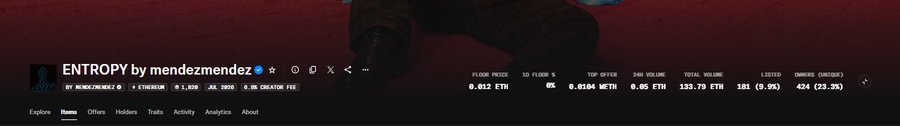 A screenshot of an NFT collection page titled 'ENTROPY by mendezmendez' showing floor price 0.012 ETH, top offer 0.0104 ETH, and 181 (9.9%) listed on Ethereum.