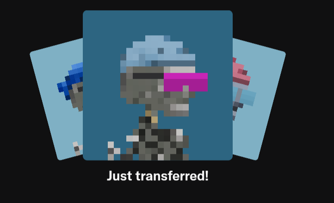 A pixelated zombie-like character wearing pink and blue visors is displayed on a trading card design with two additional cards behind it, accompanied by the text "Just transferred!" The image relates to the post about burning tokens for scarcity, as the "transferred" and likely burned status of the NFT reduces overall supply, which the user appreciates for creating more scarcity in the collection.