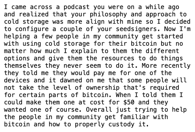The image features a white background with black text that reads, "There are so many fundamentally decent bitcoiners out there just trying to do the right things -- to advance the movement as much as they can and help other people along the way." The text is in black against a white background, making it stand out.