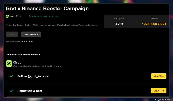 A screenshot of the 'Grvt x Binance Booster Campaign' shows 3.26K participants, a 1,500,000 GRVT reward pool, and completed tasks to follow @grvt_io on X and repost a post.