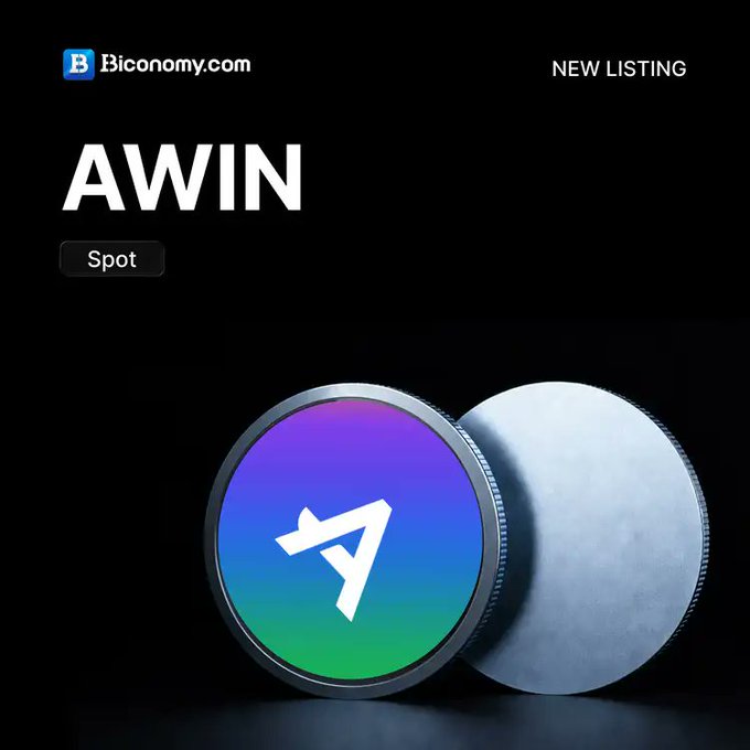 A promotional graphic for a new listing on Biconomy.com, displaying the text 'AWIN' and 'Spot' alongside a 3D rendering of a coin with a stylized 'A' logo.