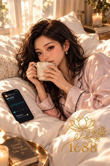A digital illustration shows a woman holding a mug in bed, accompanied by a smartphone displaying Bitcoin (BTC) trading charts and the watermark '1688'.
