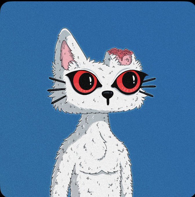 A digital illustration on a blue background depicts a white, fluffy cat-like creature with large red eyes, whiskers, and a bloody wound on its left ear.