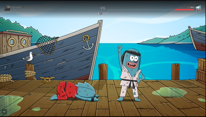 A screenshot from a 2D cartoon-style fighting game showing two characters on a dock, with game UI elements and health bars visible.